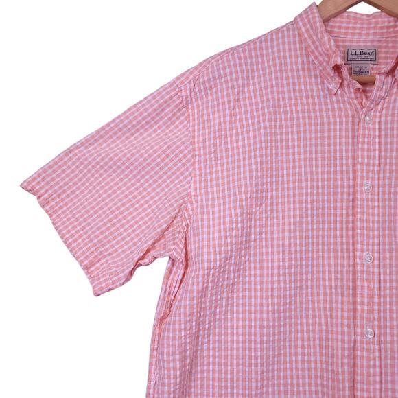 L.L. Bean Men's Short Sleeve Plaid Button-Up Shirt Sz Large Orange White Casual - Picture 5 of 10